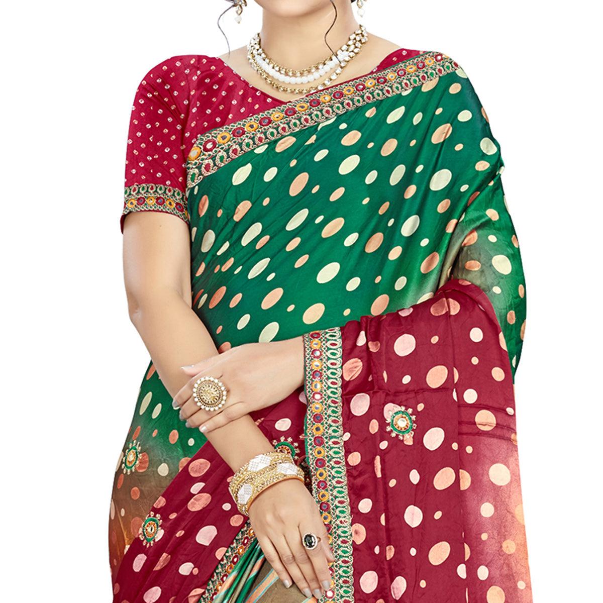 Delightful Green - Maroon Colored Casual Wear Printed Satin Saree