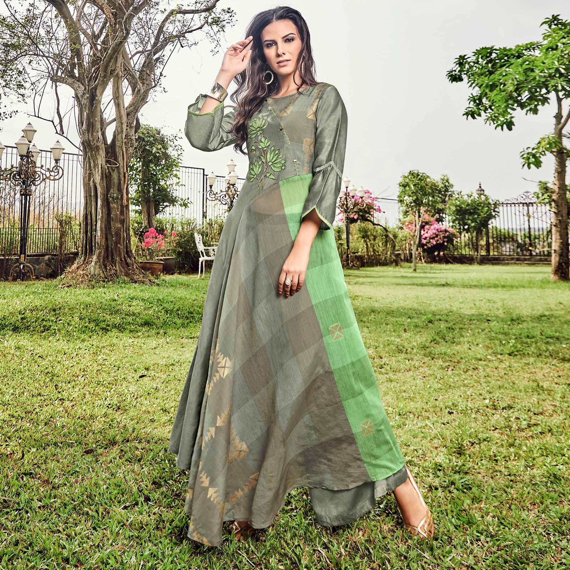 Delightful Grey Colored Party Wear Printed Modal-Jacquard Long Kurti