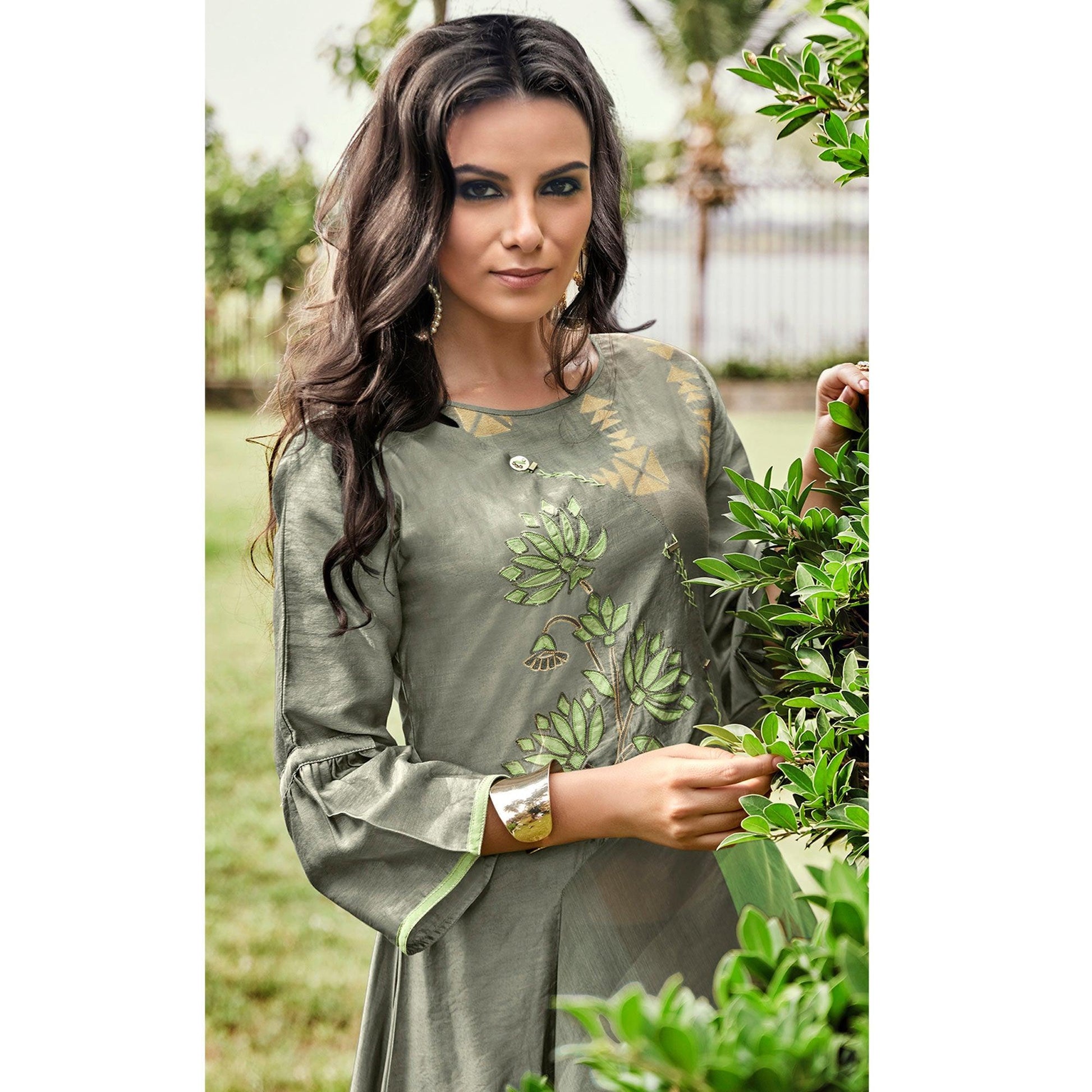 Delightful Grey Colored Party Wear Printed Modal-Jacquard Long Kurti