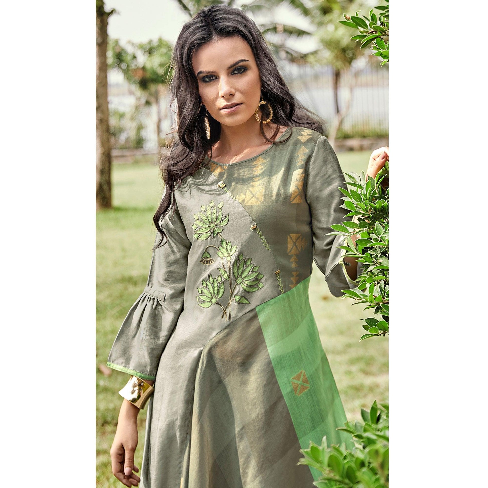 Delightful Grey Colored Party Wear Printed Modal-Jacquard Long Kurti