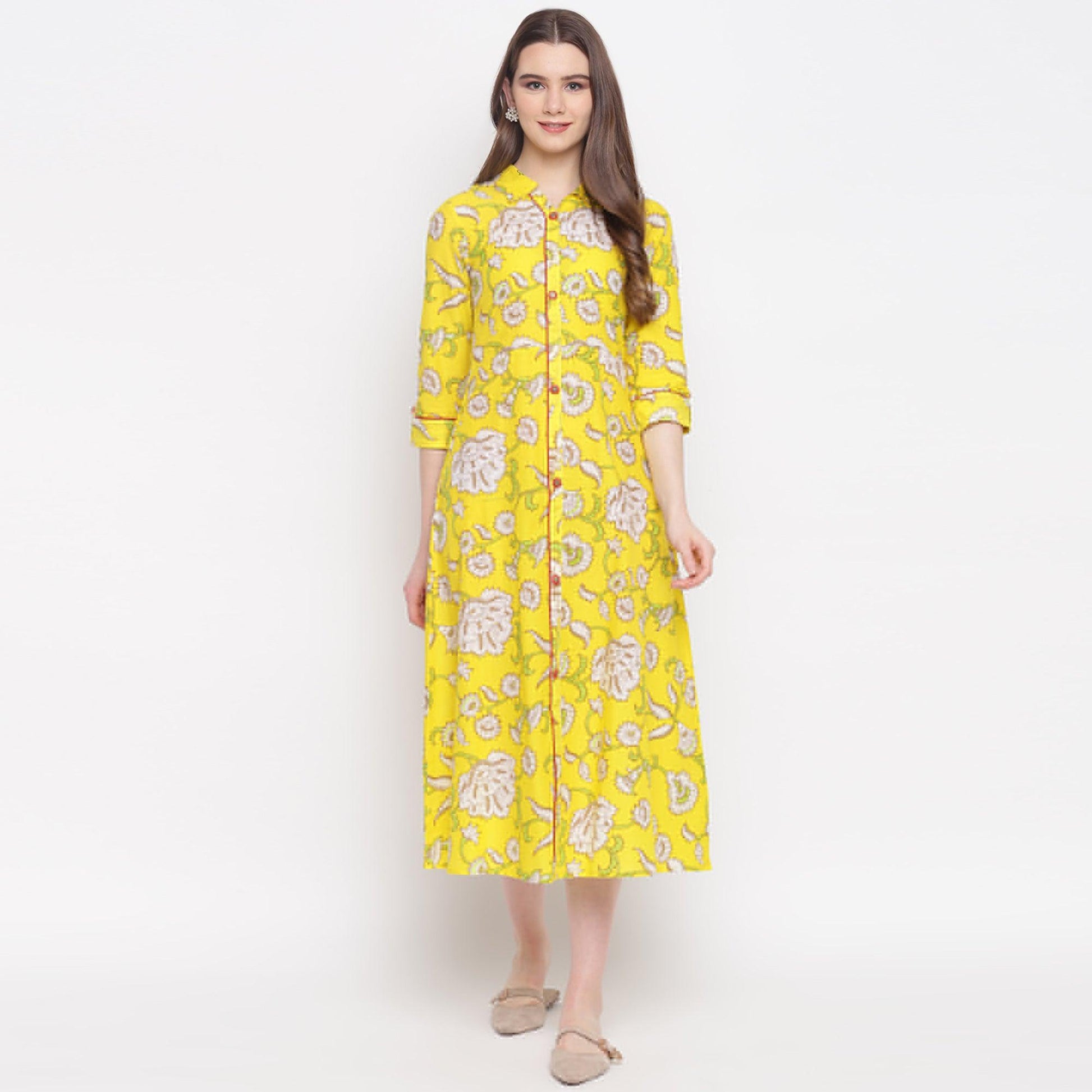 Delightful Lemon Yellow Colored Casual Wear Printed A-Line Calf Length Cambric Kurti