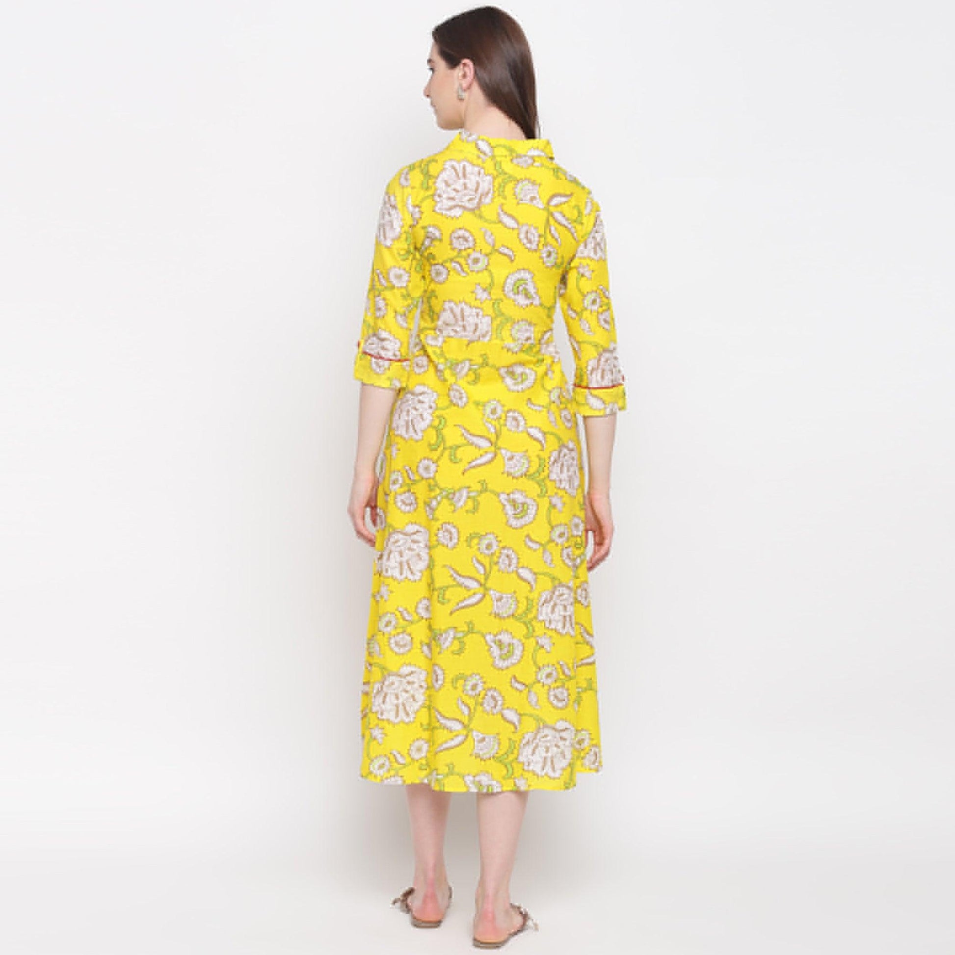 Delightful Lemon Yellow Colored Casual Wear Printed A-Line Calf Length Cambric Kurti