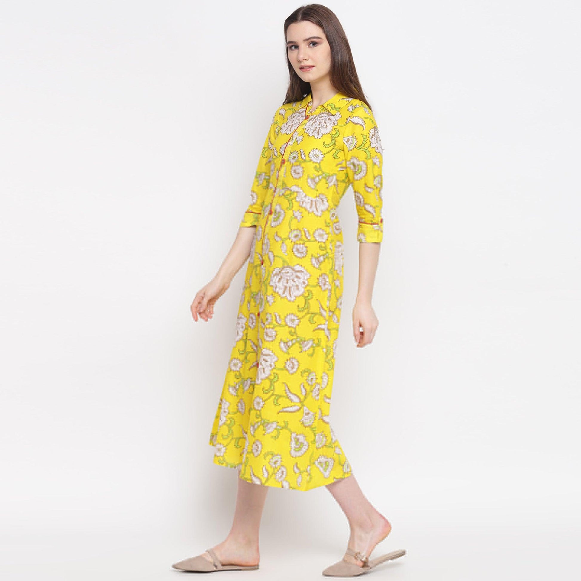 Delightful Lemon Yellow Colored Casual Wear Printed A-Line Calf Length Cambric Kurti