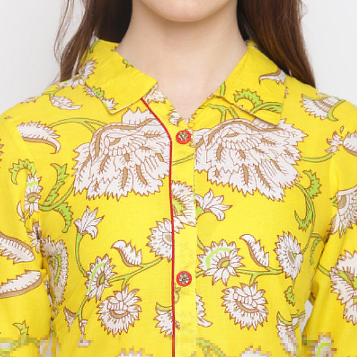 Delightful Lemon Yellow Colored Casual Wear Printed A-Line Calf Length Cambric Kurti
