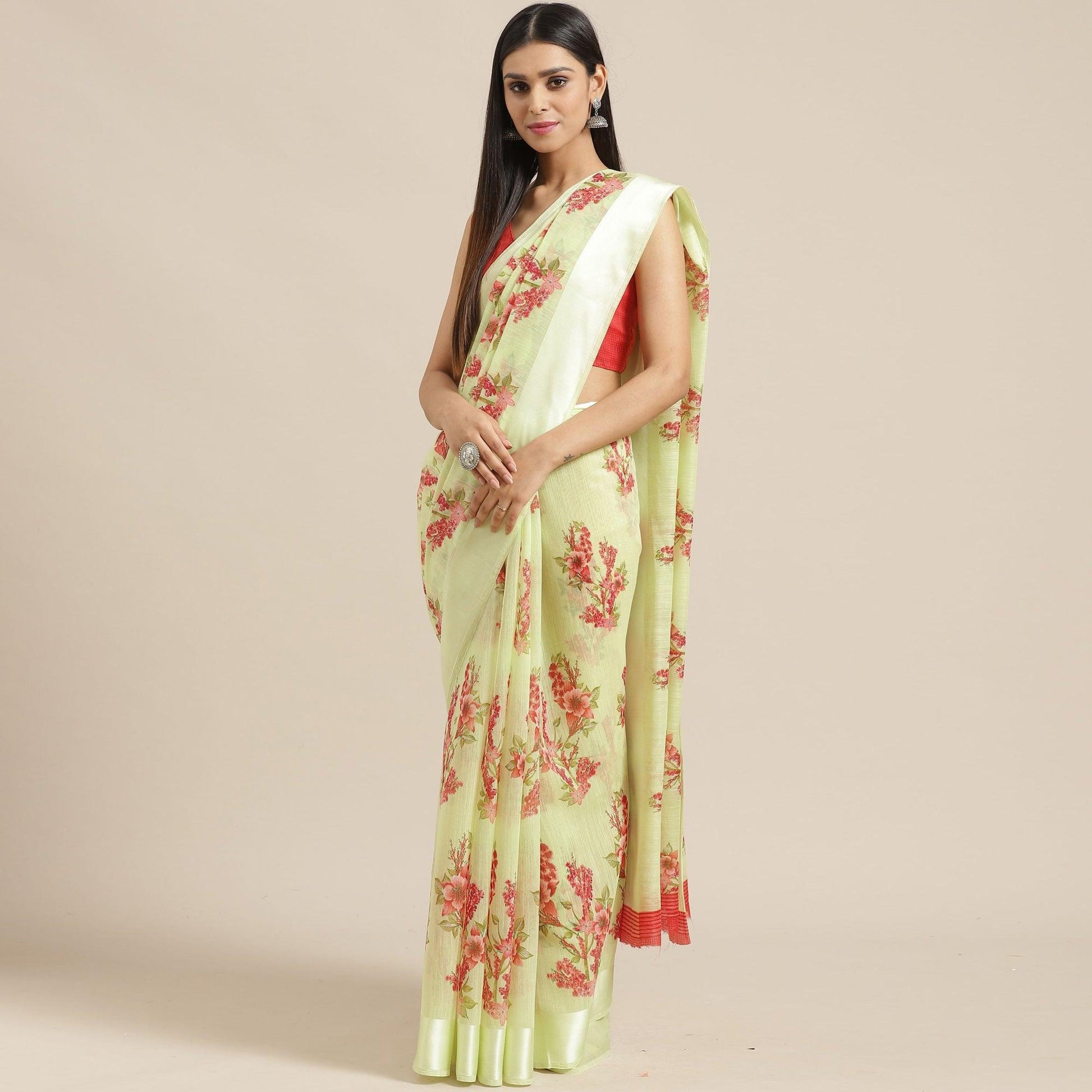 Delightful Light Green Colored Casual Wear Printed Cotton Blend Saree