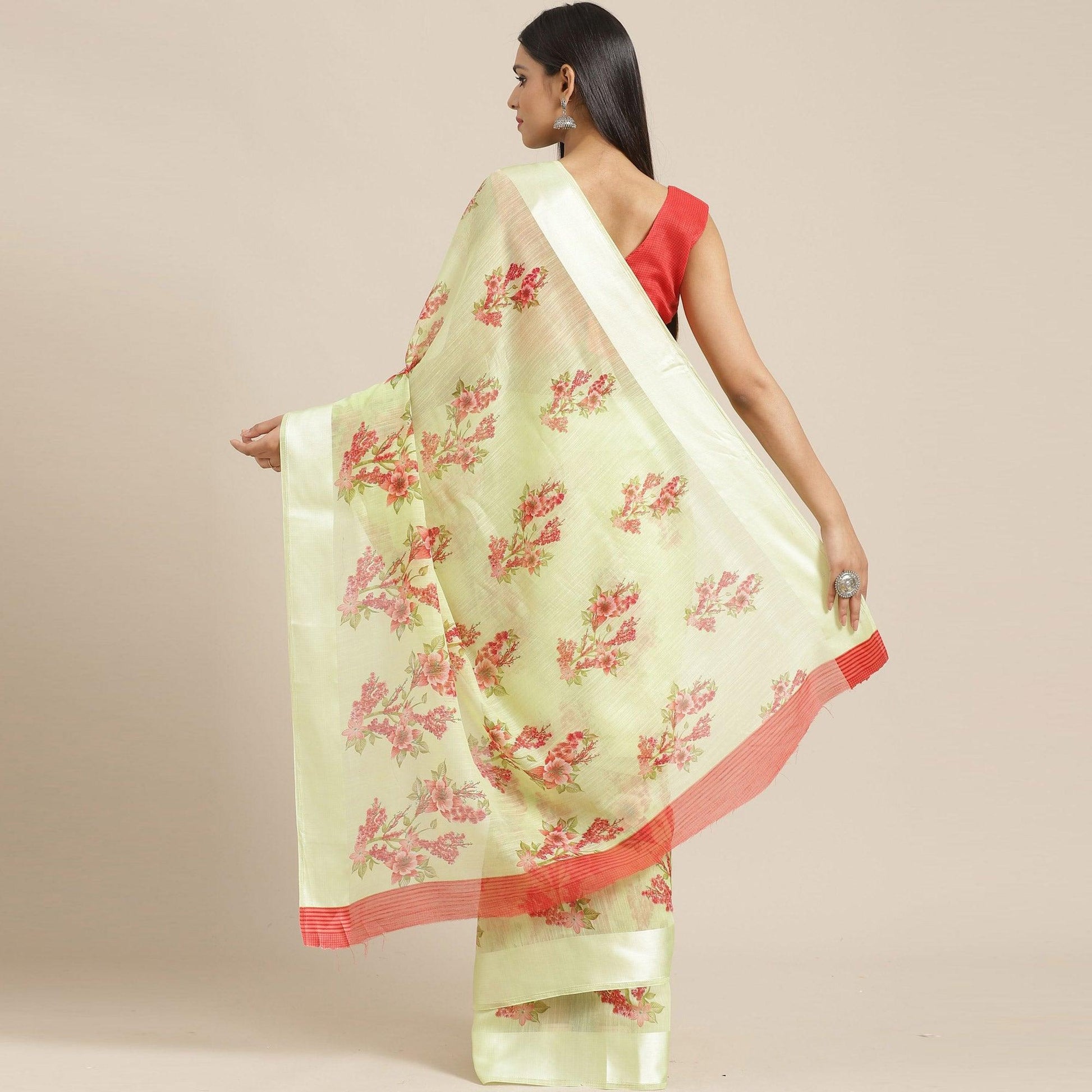 Delightful Light Green Colored Casual Wear Printed Cotton Blend Saree