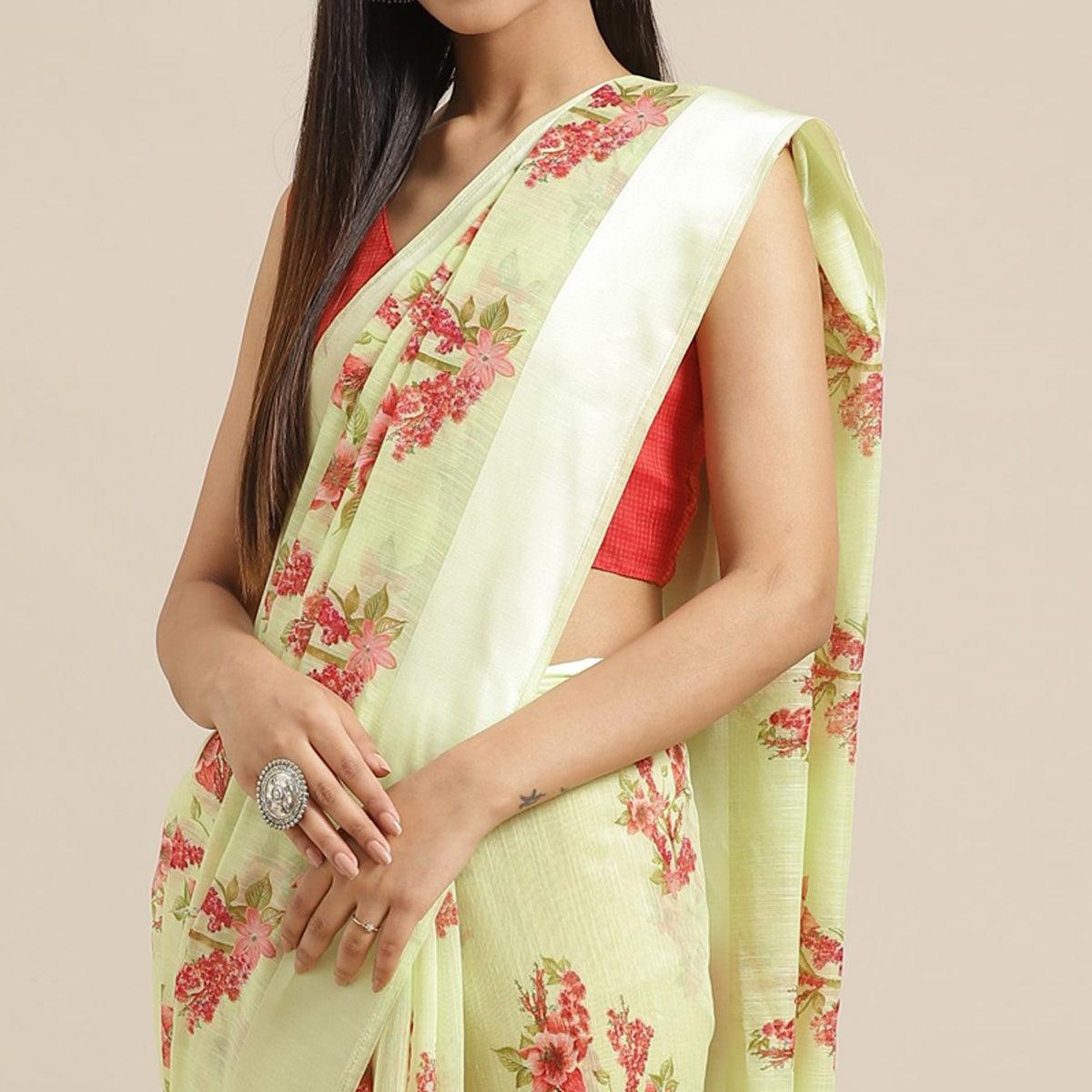 Delightful Light Green Colored Casual Wear Printed Cotton Blend Saree