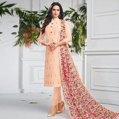 Delightful Light Peach Colored Casual Wear Embroidered Chanderi Dress Material