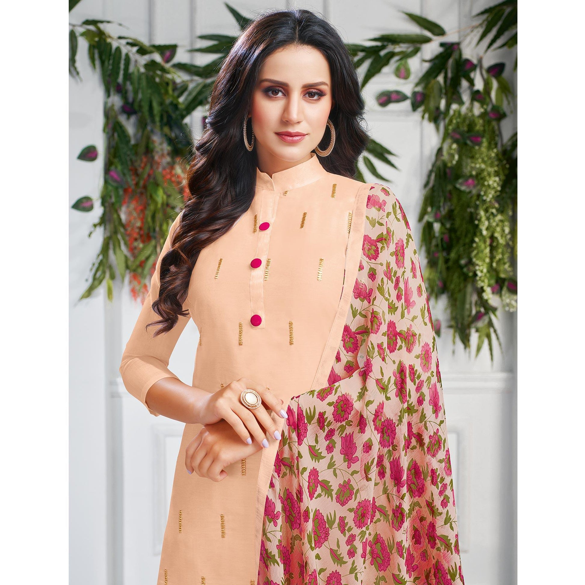 Delightful Light Peach Colored Casual Wear Embroidered Chanderi Dress Material