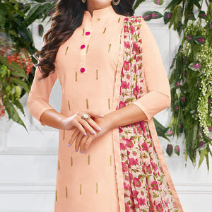 Delightful Light Peach Colored Casual Wear Embroidered Chanderi Dress Material