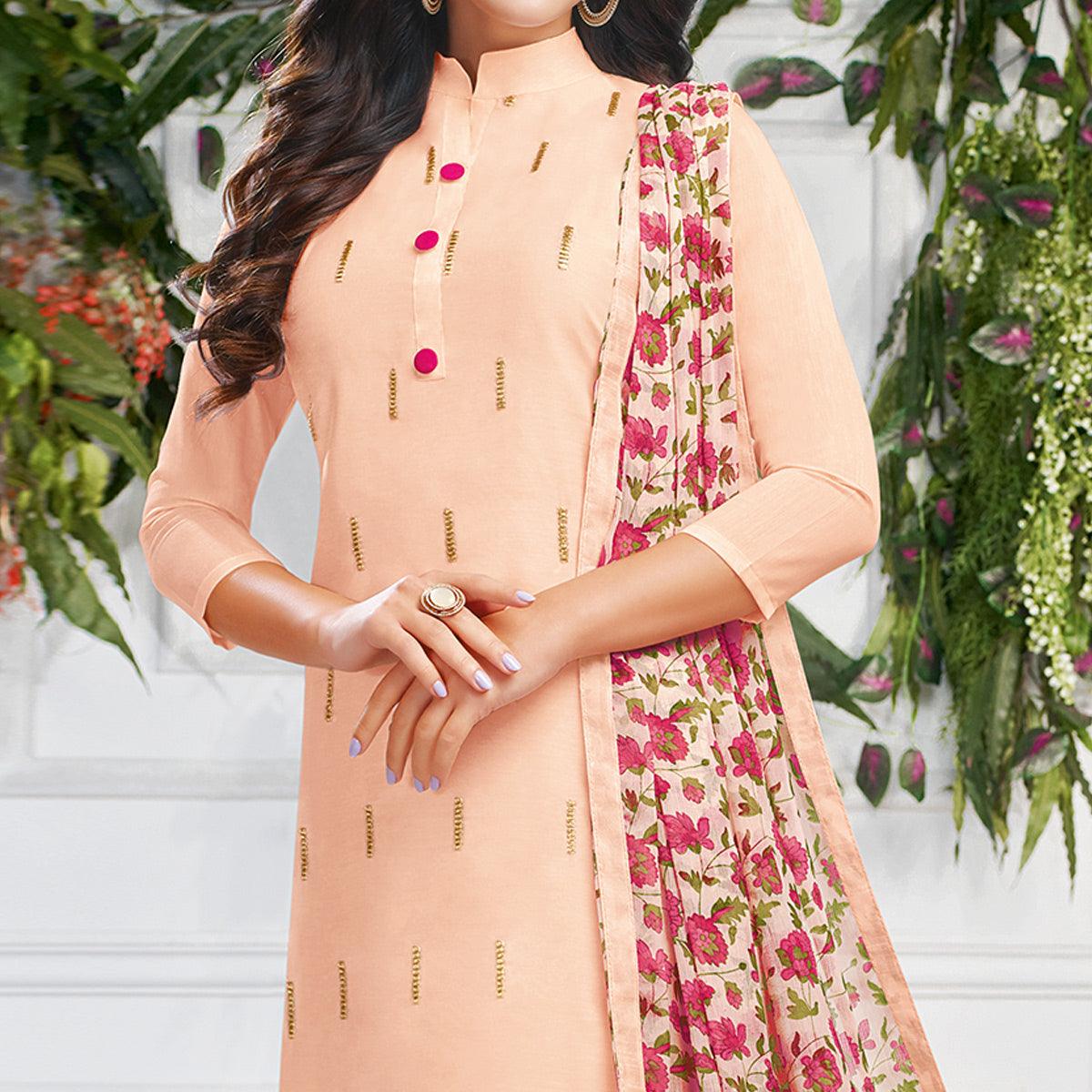 Delightful Light Peach Colored Casual Wear Embroidered Chanderi Dress Material
