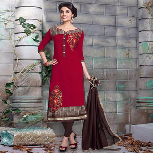 Delightful Maroon Colored Party Wear Embroidered Chanderi Dress Material