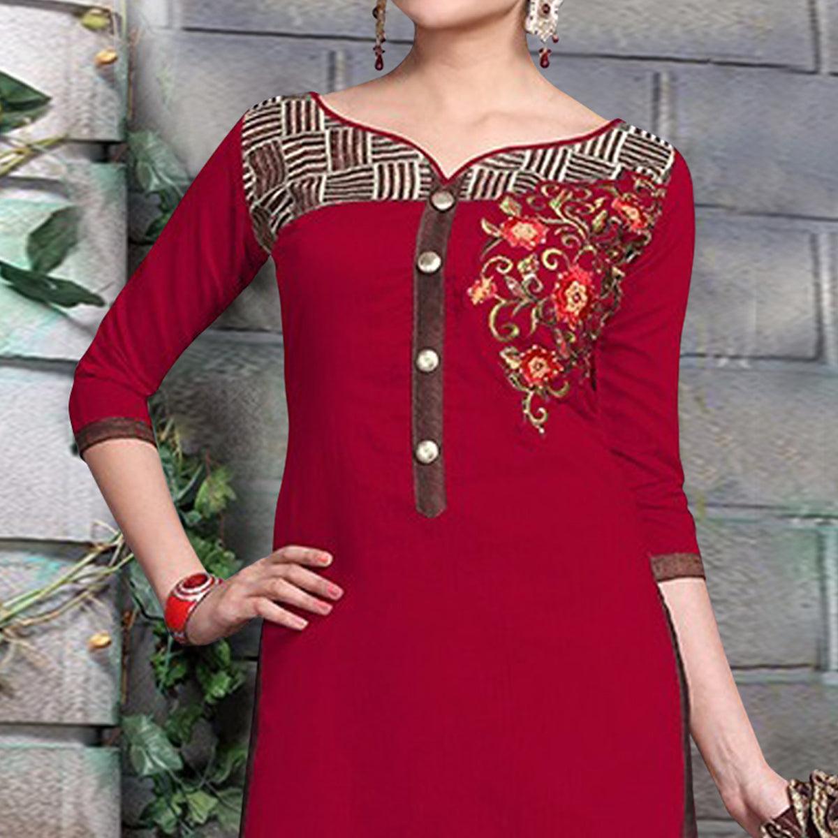 Delightful Maroon Colored Party Wear Embroidered Chanderi Dress Material