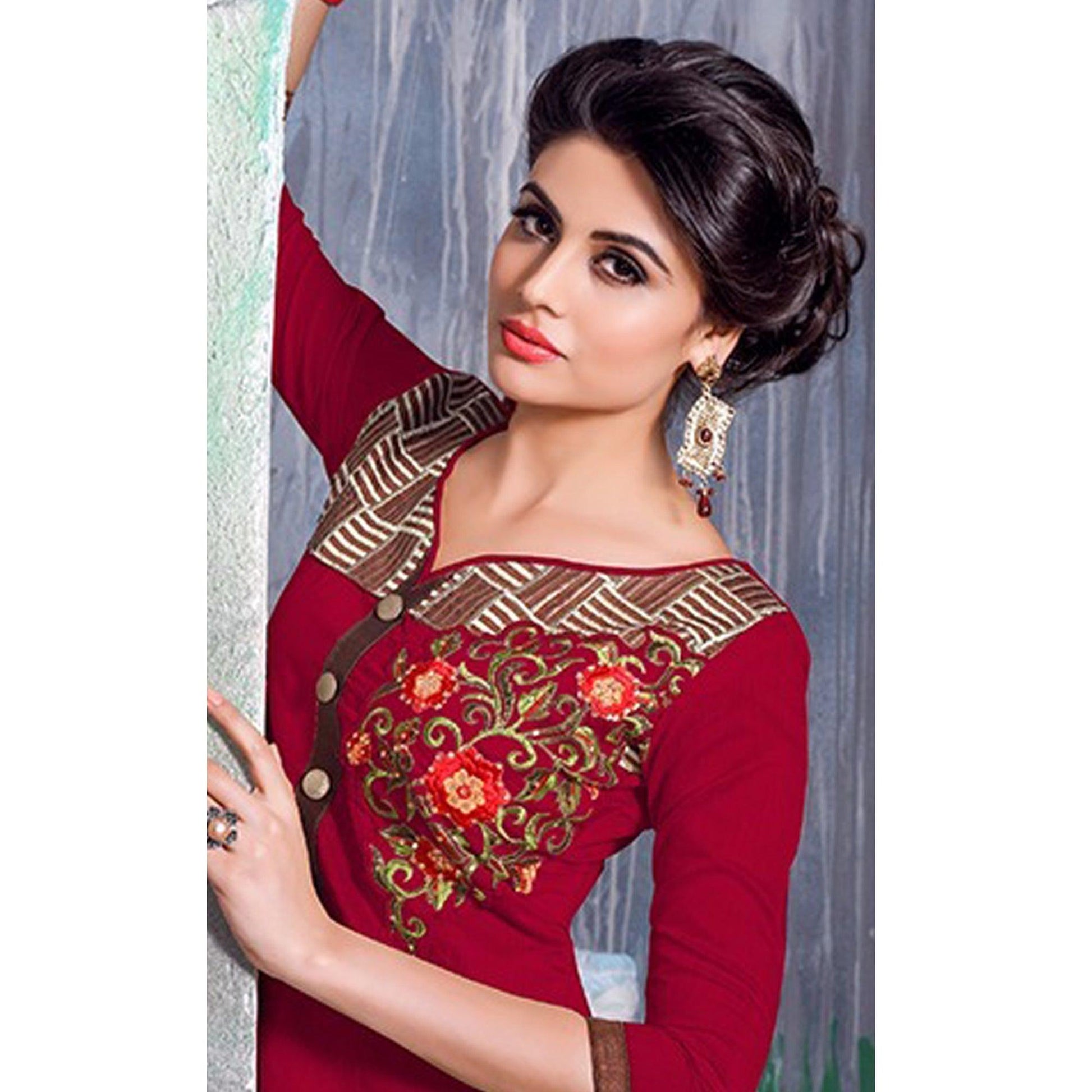Delightful Maroon Colored Party Wear Embroidered Chanderi Dress Material