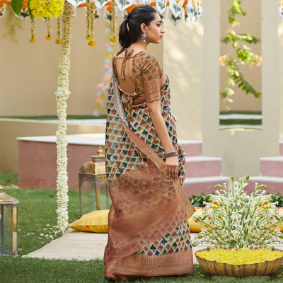 Delightful Multi Colored Party Wear Digital Printed Linen Saree
