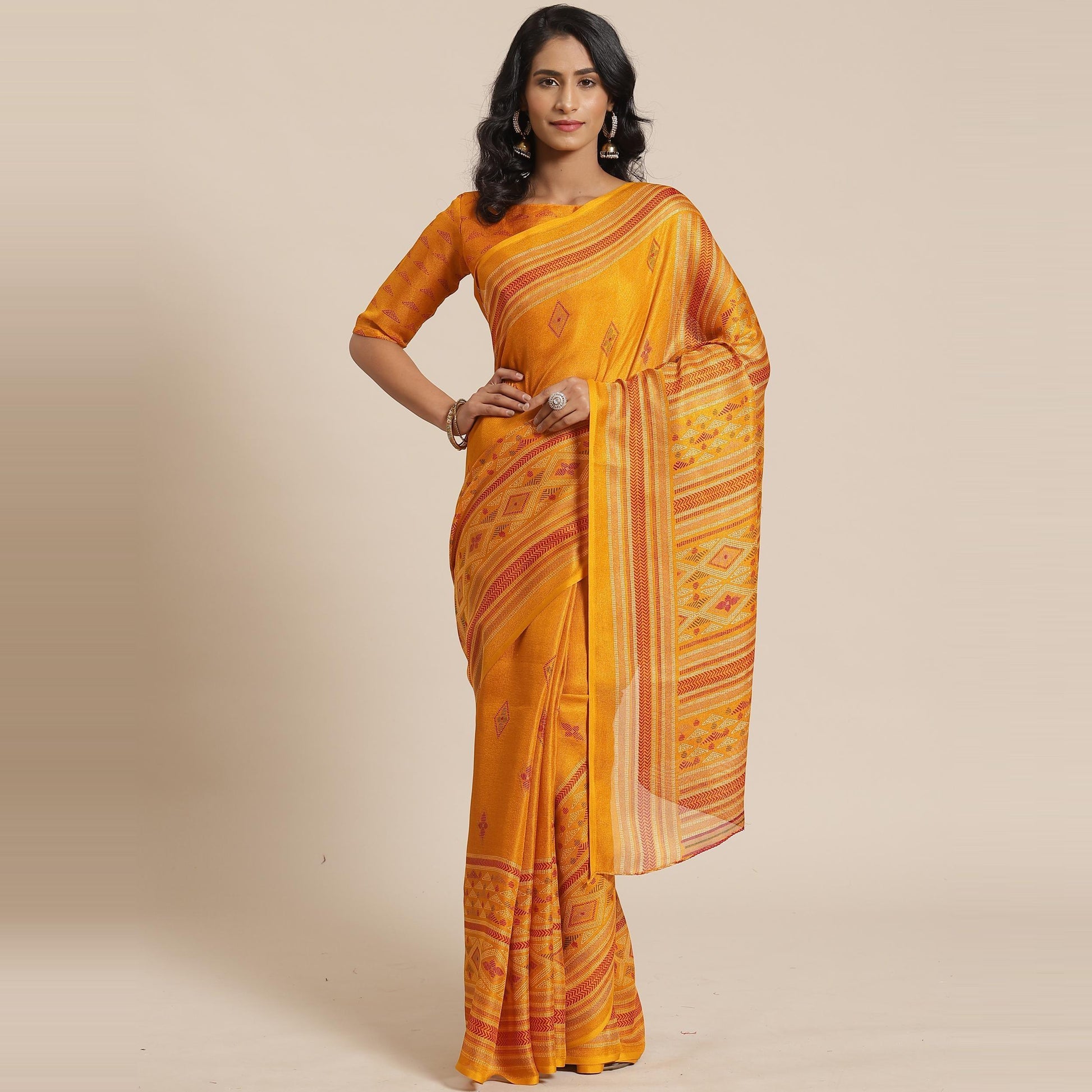 Delightful Mustard Colored Casual Wear Printed Jute Silk Saree
