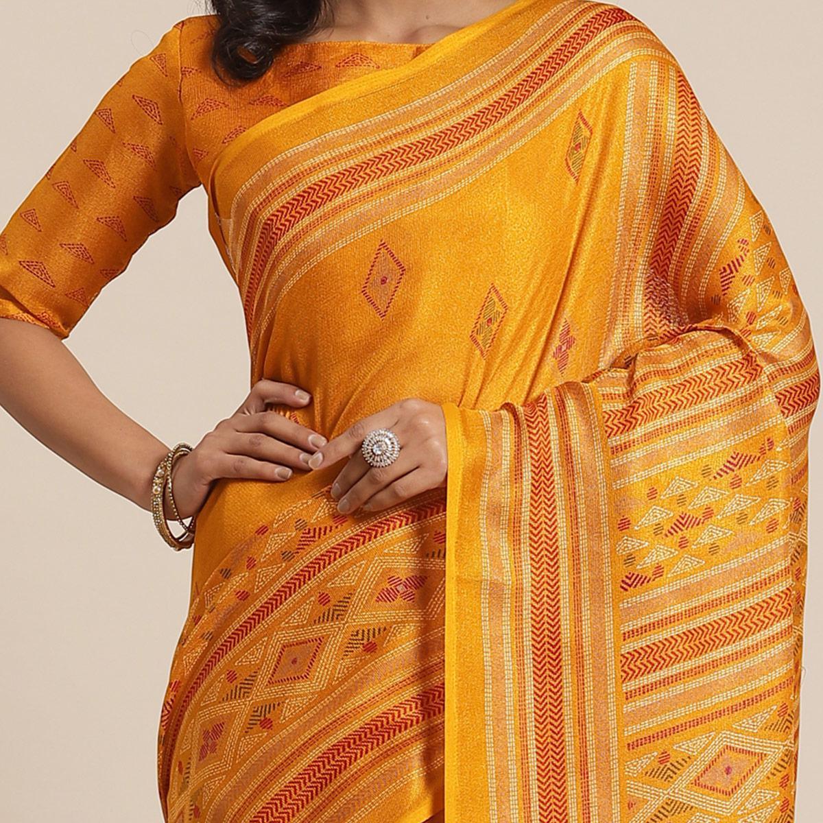 Delightful Mustard Colored Casual Wear Printed Jute Silk Saree