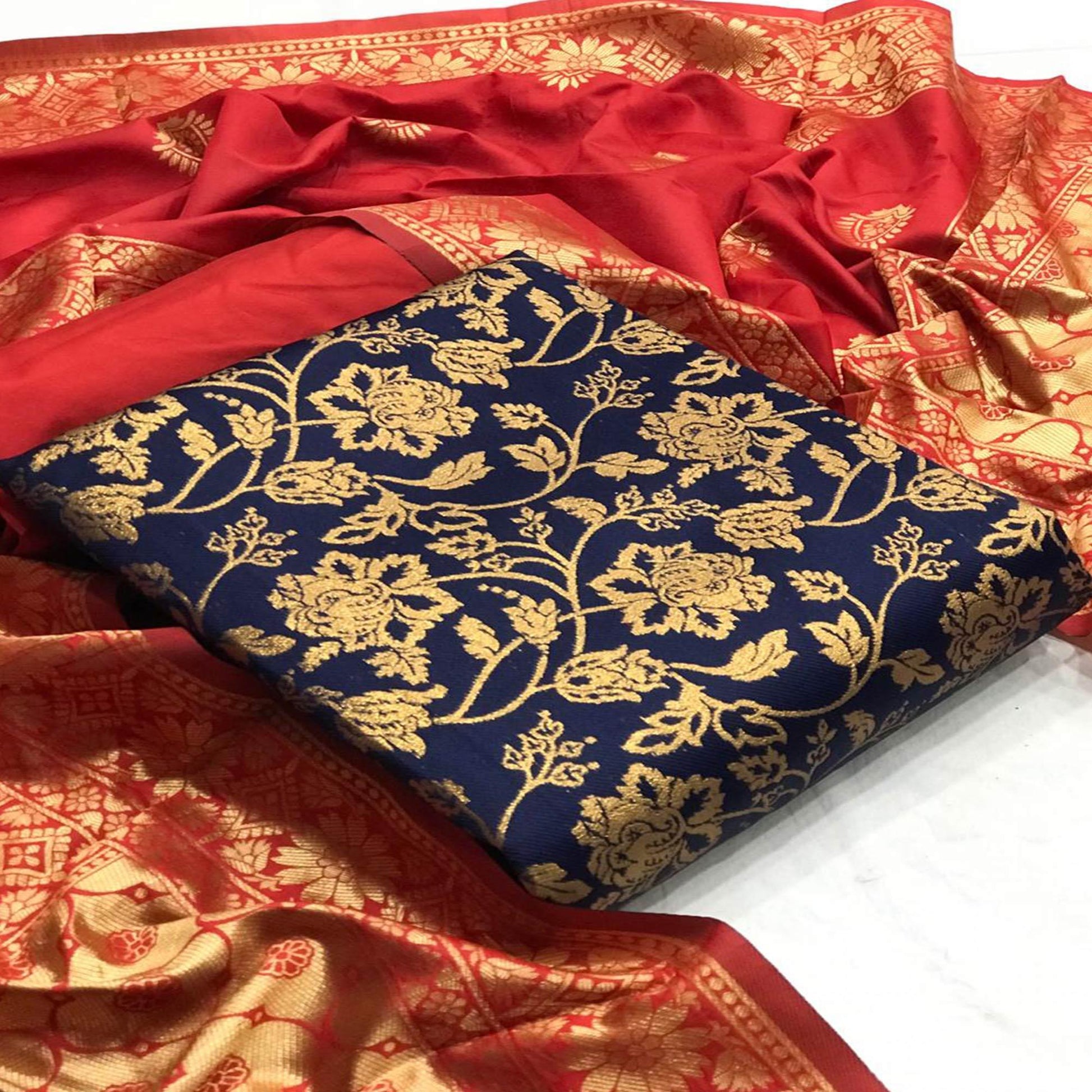 Delightful Navy Blue Colored Casual Wear Woven Banarasi Silk Dress Material