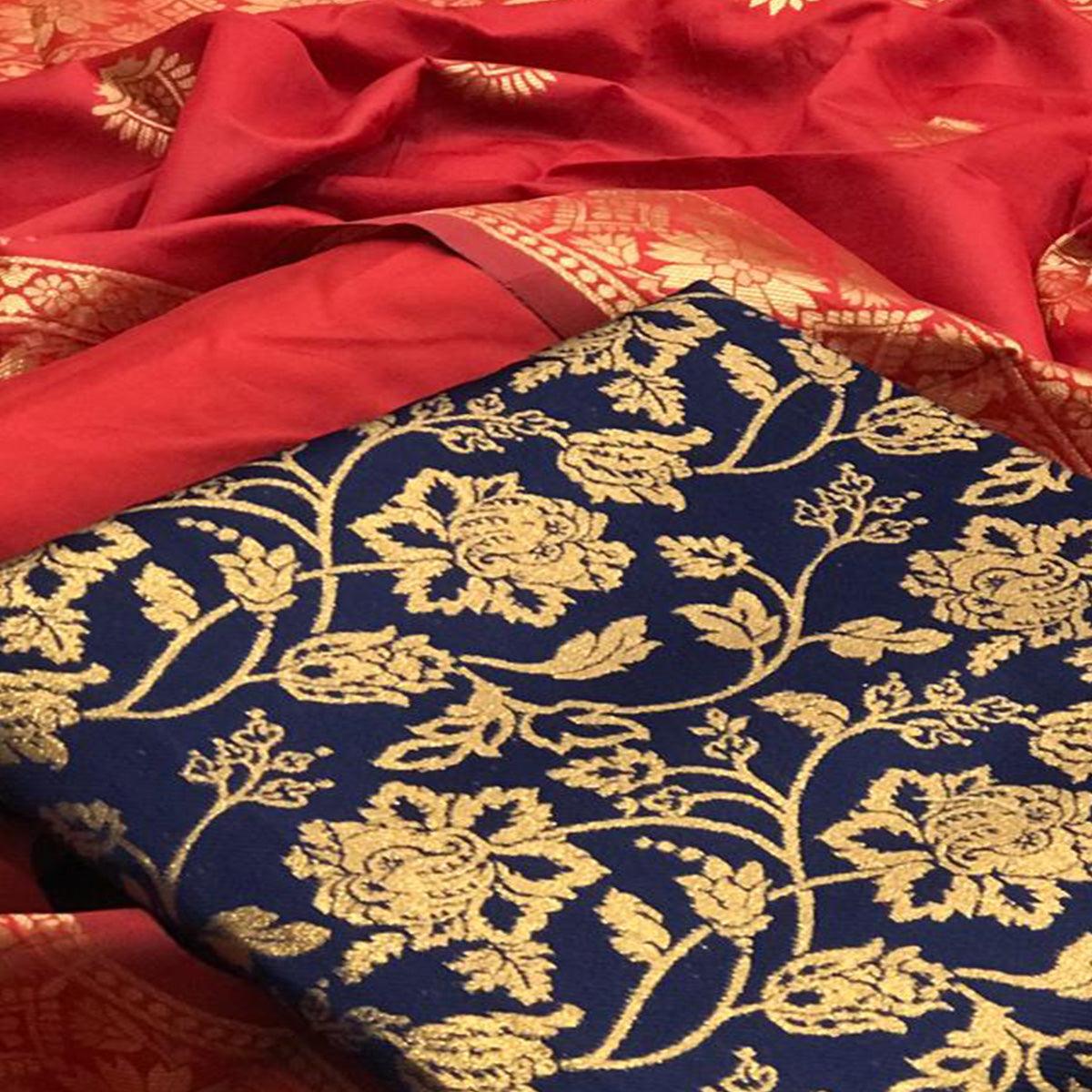 Delightful Navy Blue Colored Casual Wear Woven Banarasi Silk Dress Material