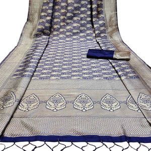 Delightful Navy Blue Colored Festive Wear Woven Banarasi Silk Saree With Tassels