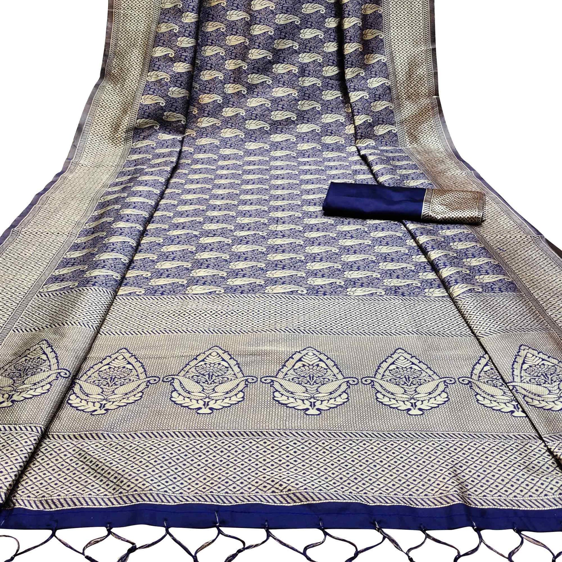 Delightful Navy Blue Colored Festive Wear Woven Banarasi Silk Saree With Tassels