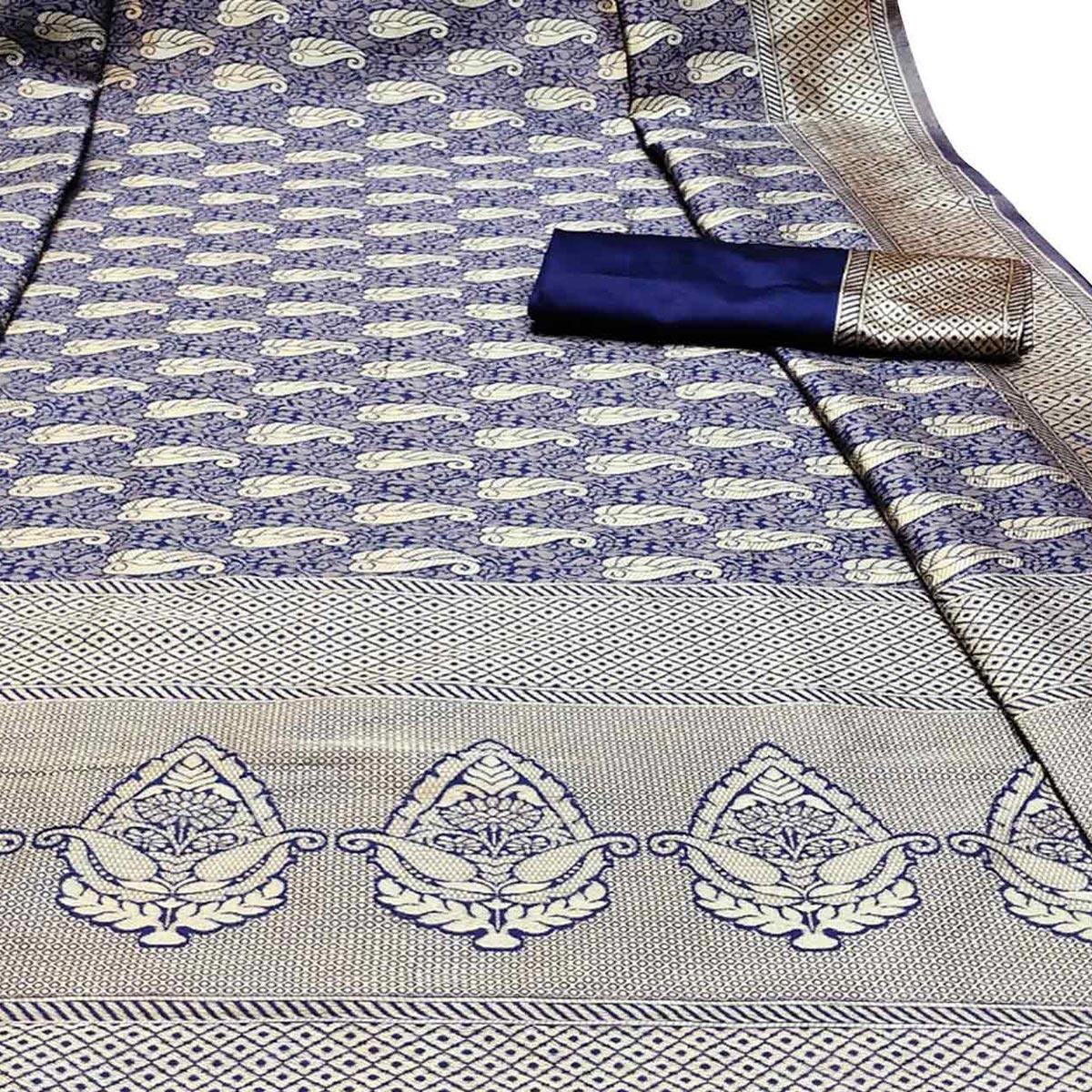 Delightful Navy Blue Colored Festive Wear Woven Banarasi Silk Saree With Tassels