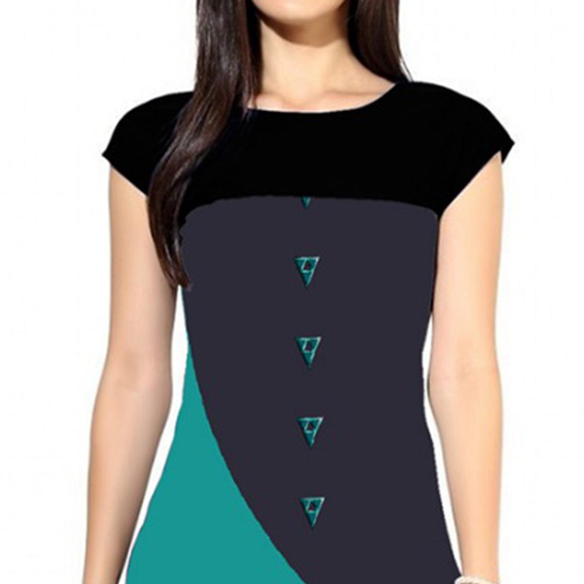 Delightful Navy Blue-Turquoise Green Colored Casual Digital Printed Crepe Kurti