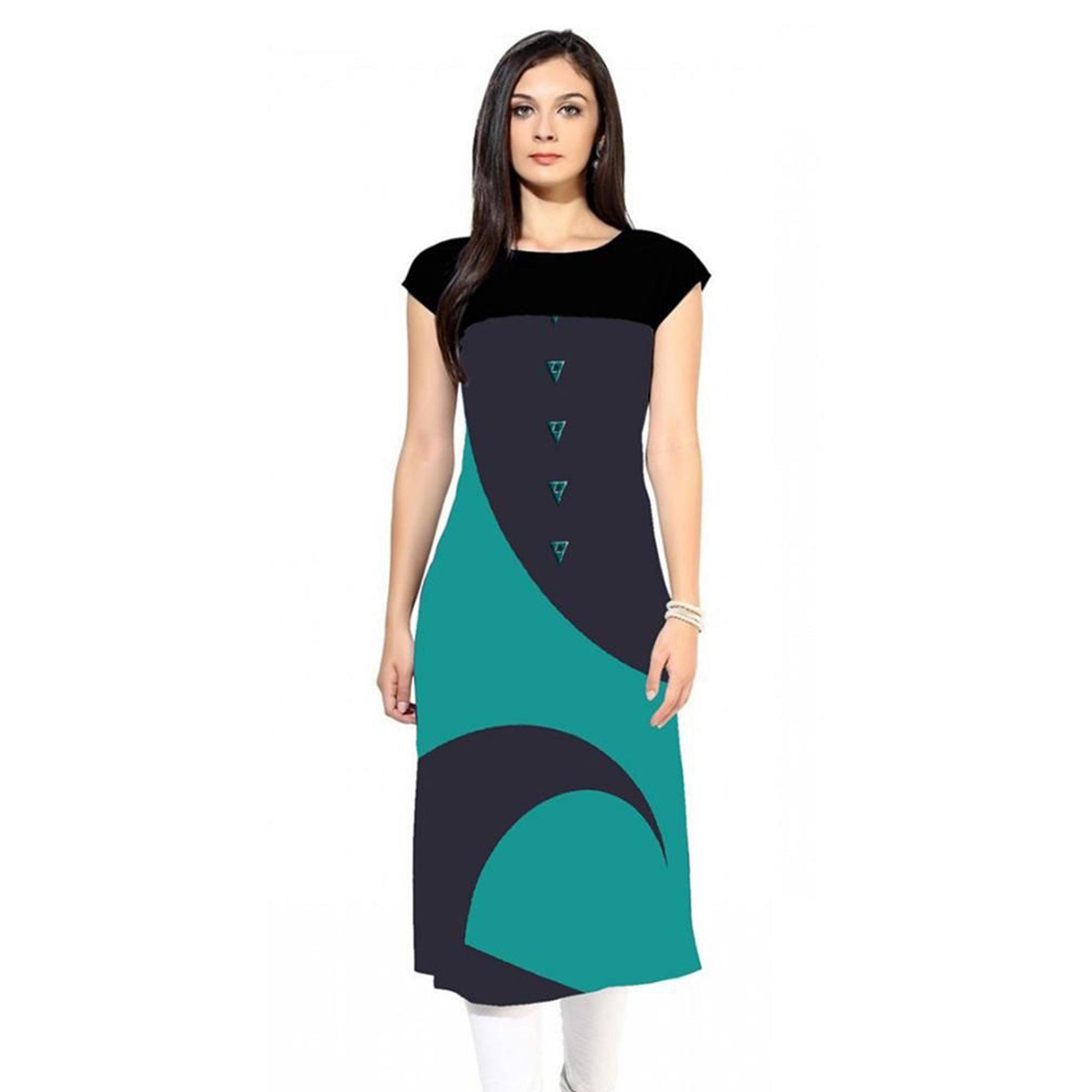 Delightful Navy Blue-Turquoise Green Colored Casual Digital Printed Rayon Kurti
