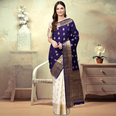 Delightful Navy Blue - White Colored Festive Wear Woven Silk Saree
