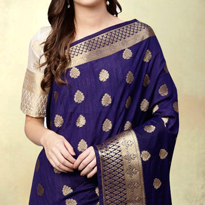 Delightful Navy Blue - White Colored Festive Wear Woven Silk Saree
