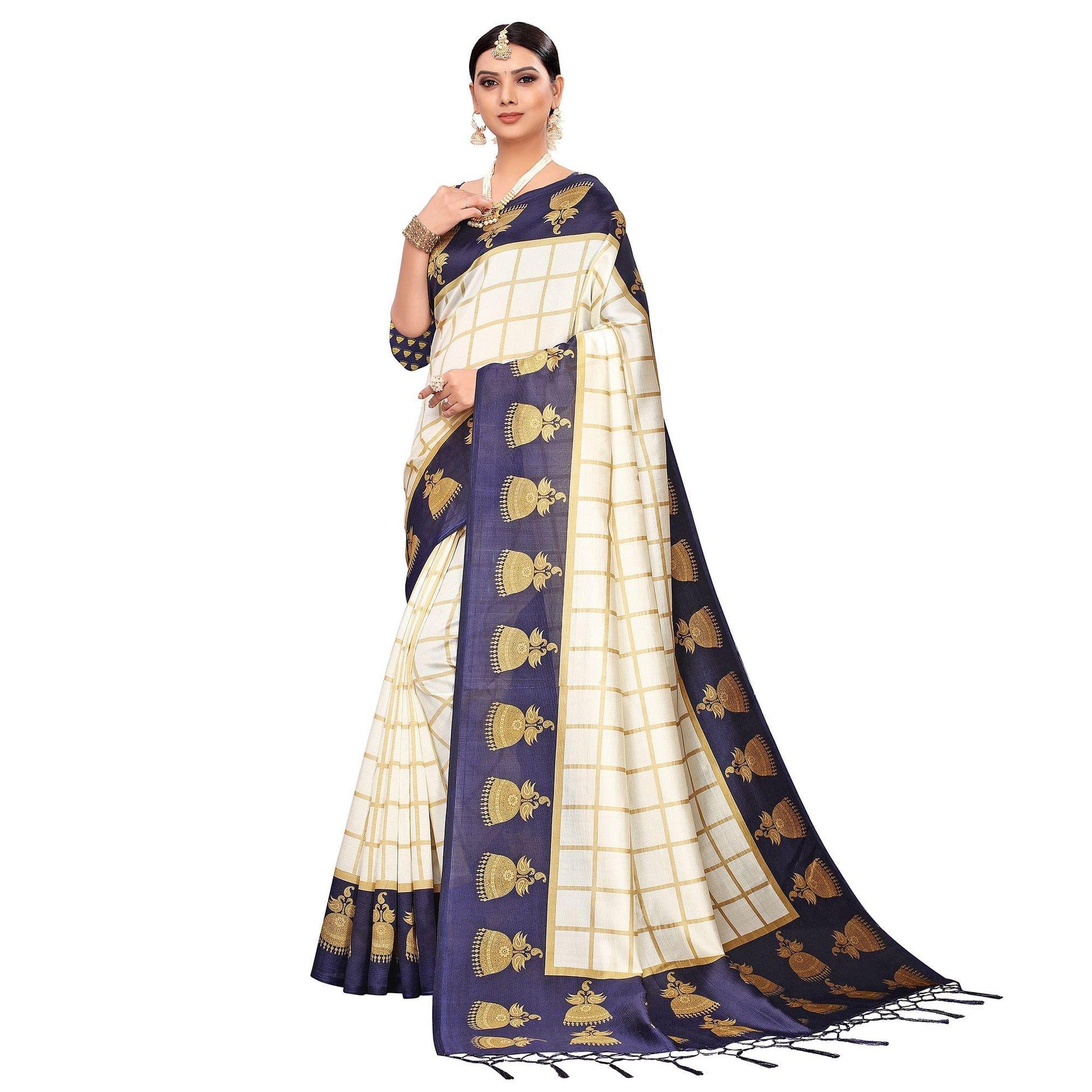 Delightful Off White-Navy Blue Colored Festive Wear Printed Mysore Silk Saree