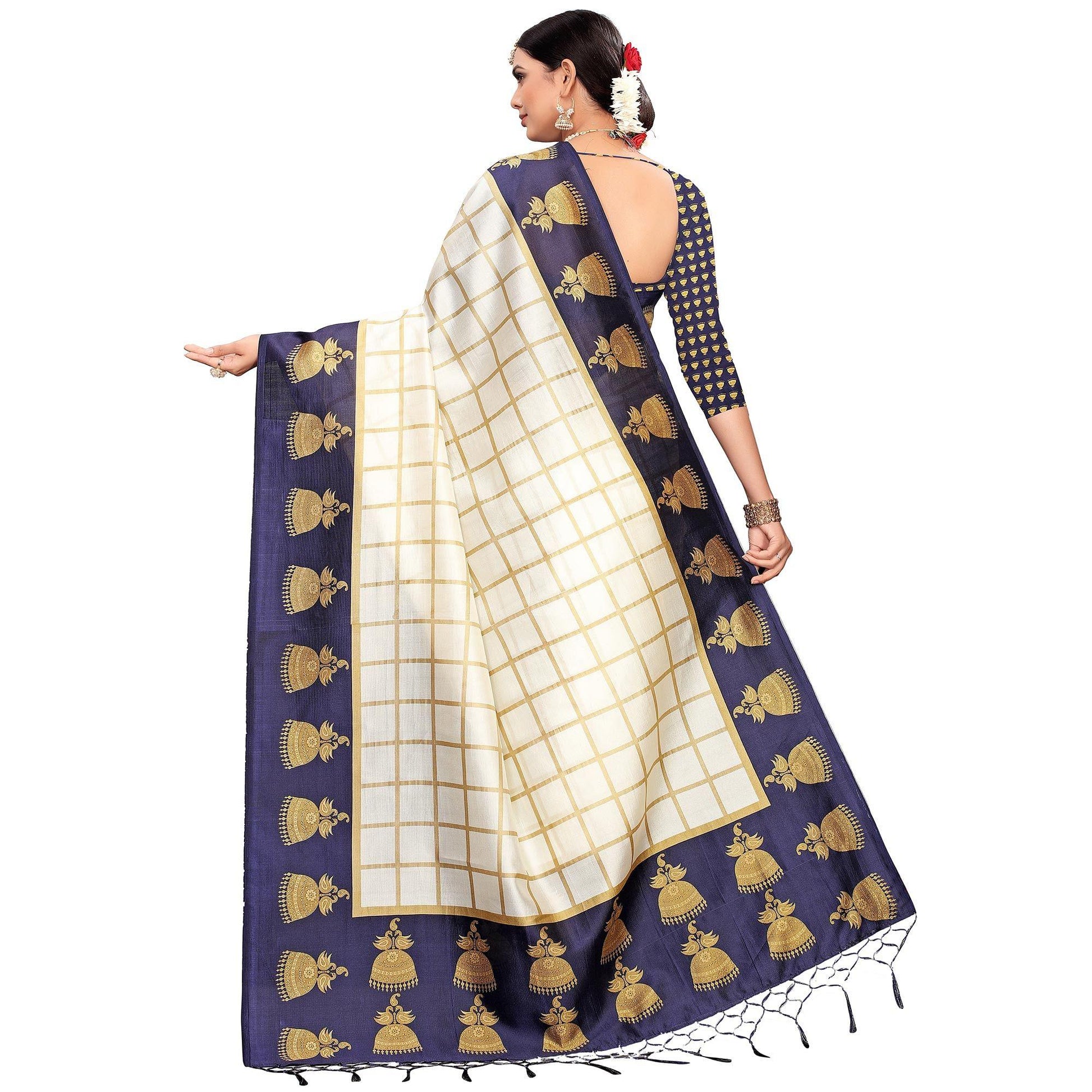 Delightful Off White-Navy Blue Colored Festive Wear Printed Mysore Silk Saree