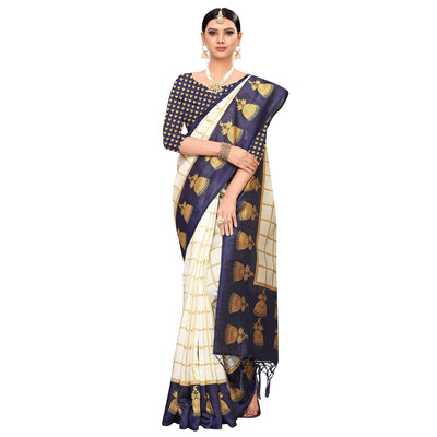 Delightful Off White-Navy Blue Colored Festive Wear Printed Mysore Silk Saree