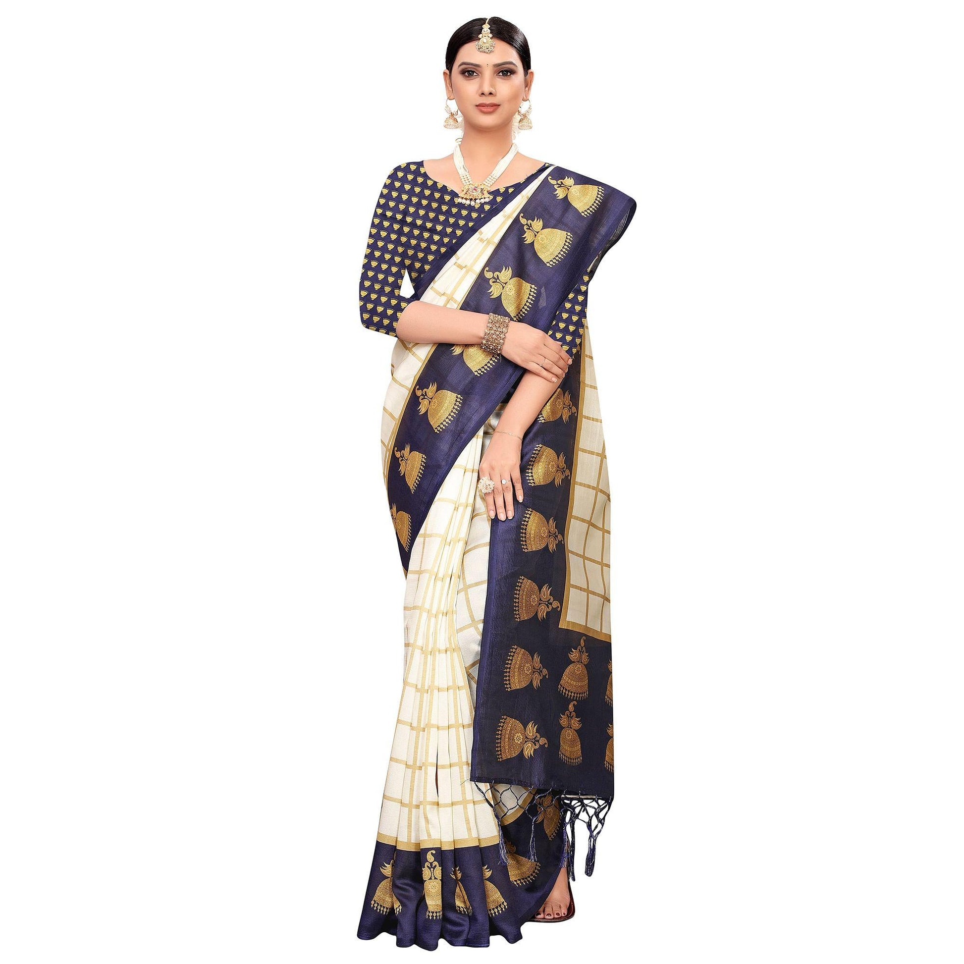 Delightful Off White-Navy Blue Colored Festive Wear Printed Mysore Silk Saree
