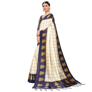 Delightful Off White-Navy Blue Colored Festive Wear Printed Mysore Silk Saree