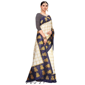 Delightful Off White-Navy Blue Colored Festive Wear Printed Mysore Silk Saree