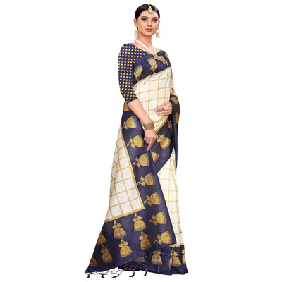 Delightful Off White-Navy Blue Colored Festive Wear Printed Mysore Silk Saree