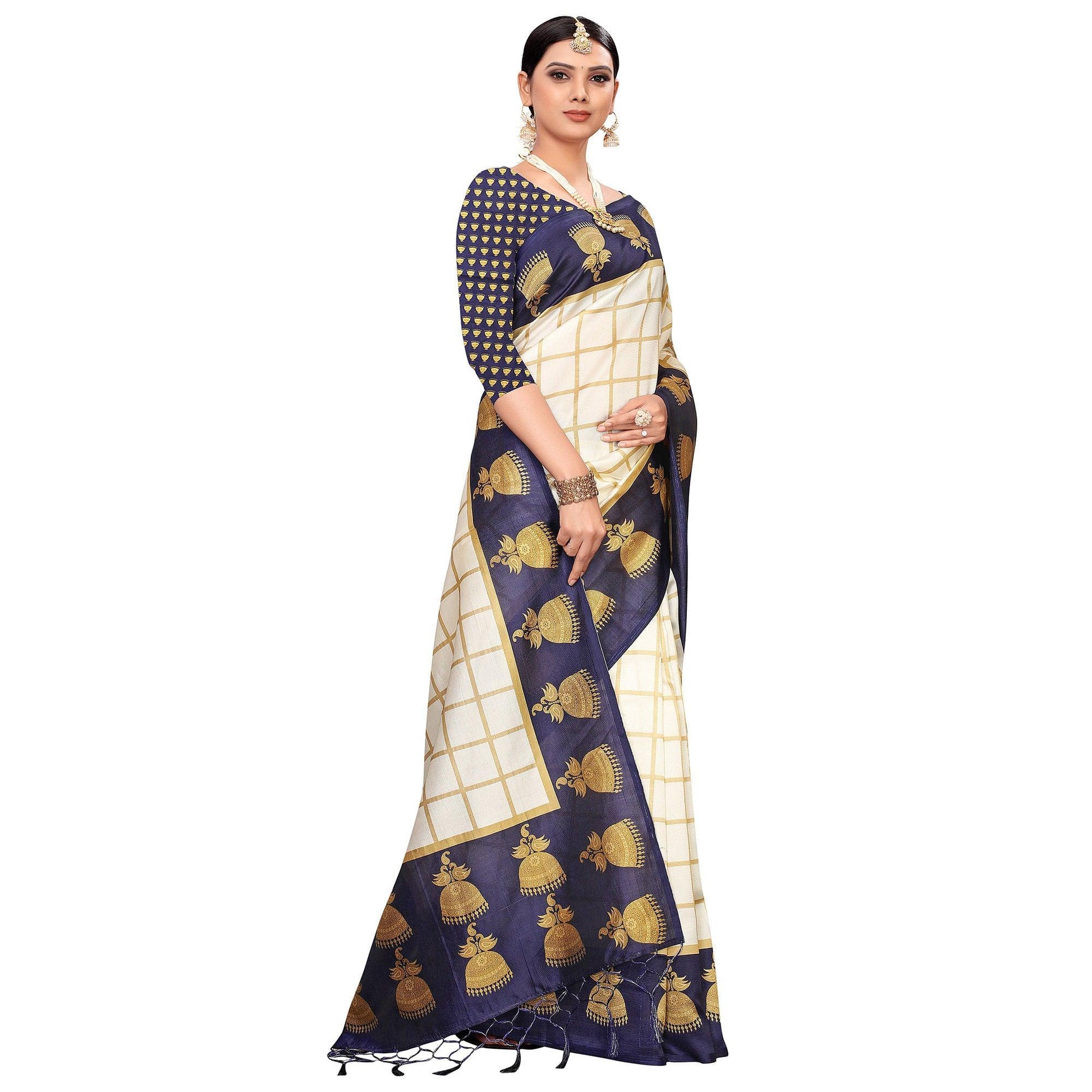 Delightful Off White-Navy Blue Colored Festive Wear Printed Mysore Silk Saree