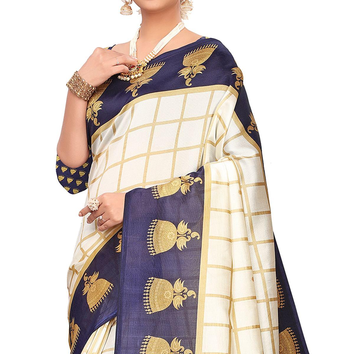 Delightful Off White-Navy Blue Colored Festive Wear Printed Mysore Silk Saree