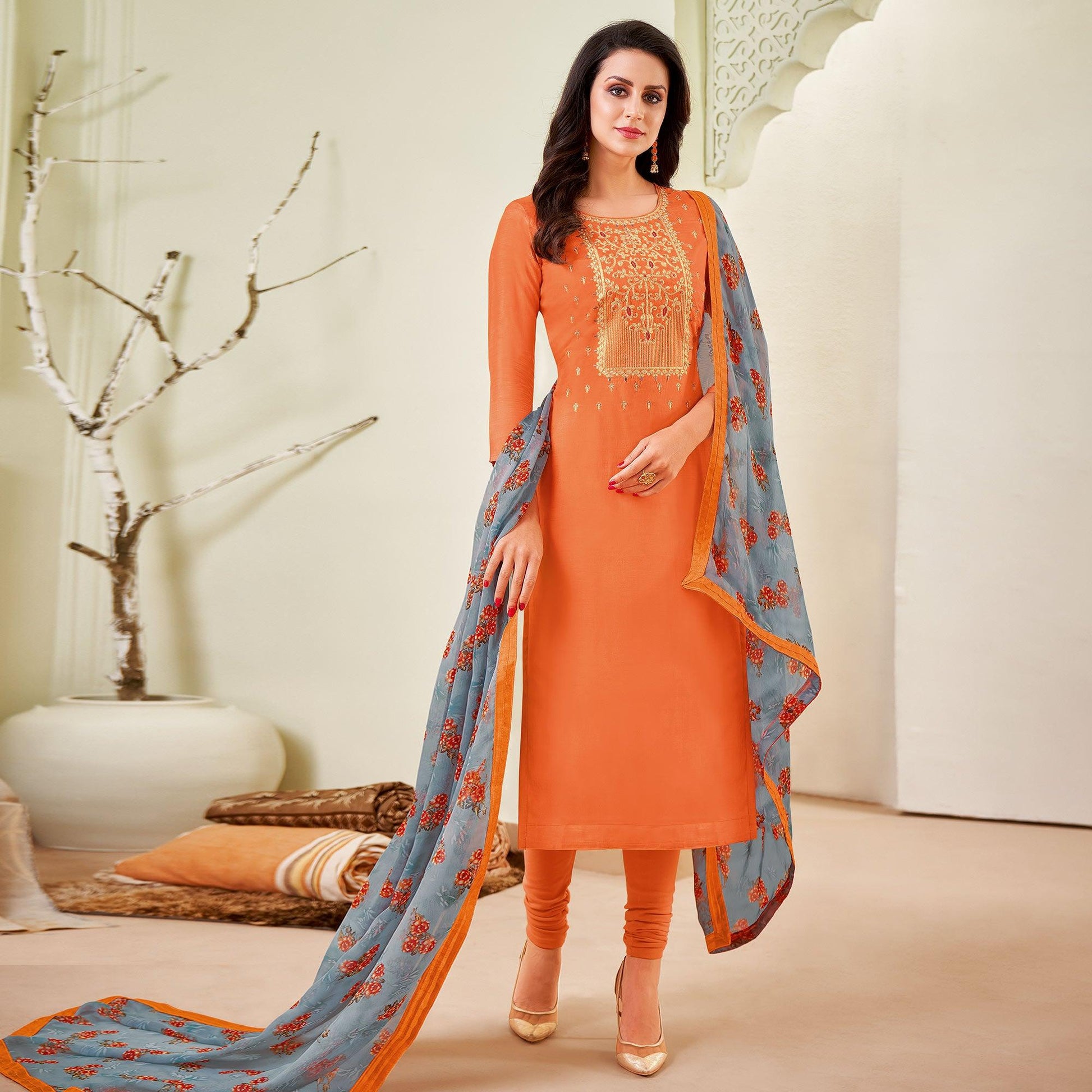 Delightful Orange Colored Casual Wear Embroidered Chanderi Dress Material