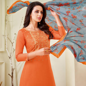 Delightful Orange Colored Casual Wear Embroidered Chanderi Dress Material