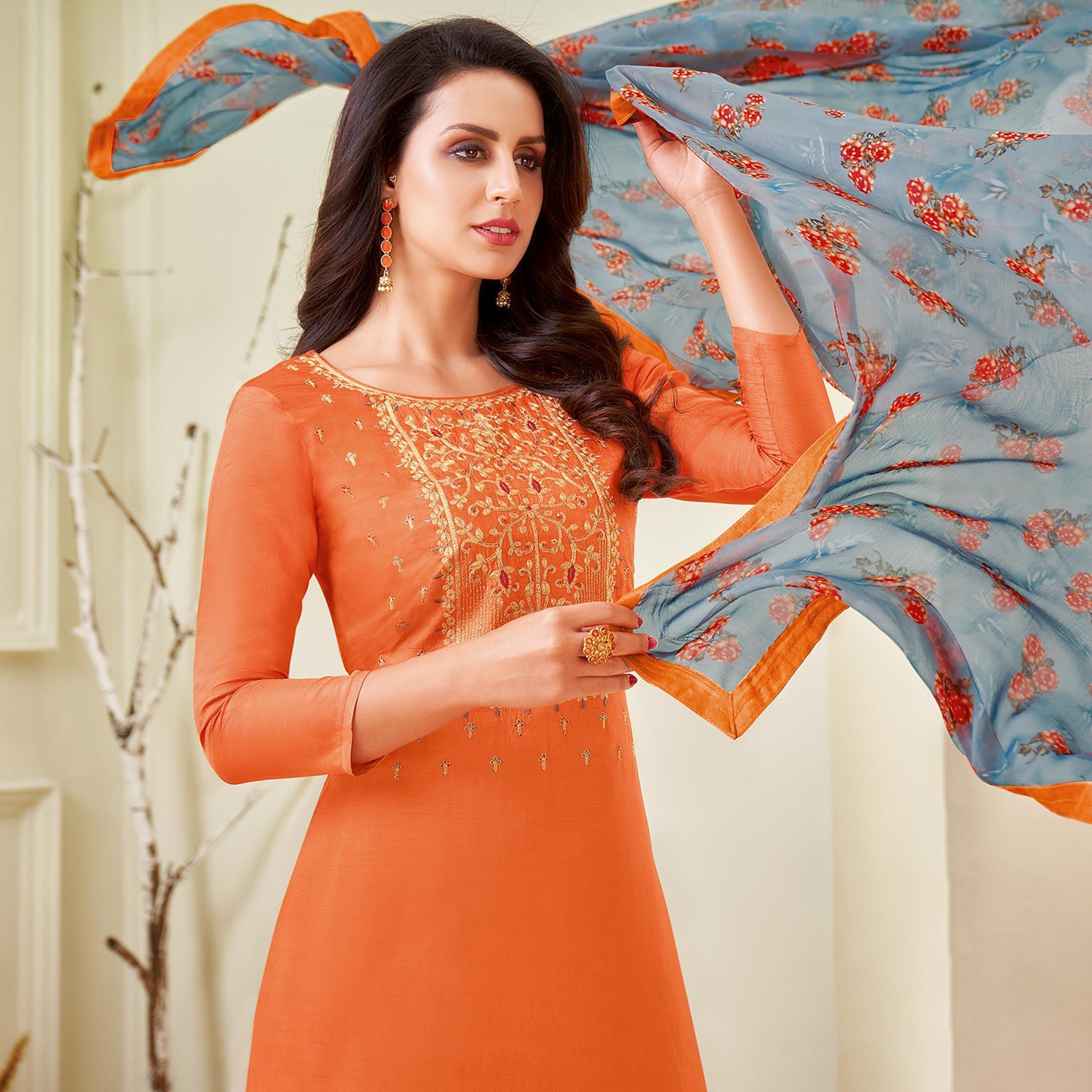 Delightful Orange Colored Casual Wear Embroidered Chanderi Dress Material