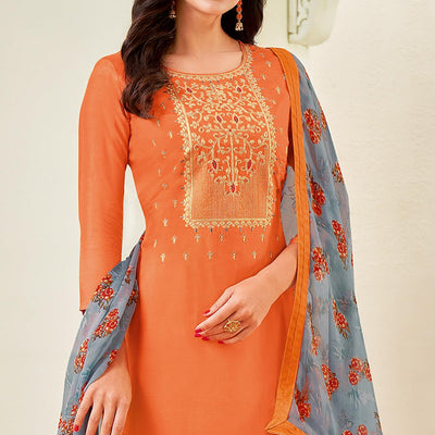 Delightful Orange Colored Casual Wear Embroidered Chanderi Dress Material