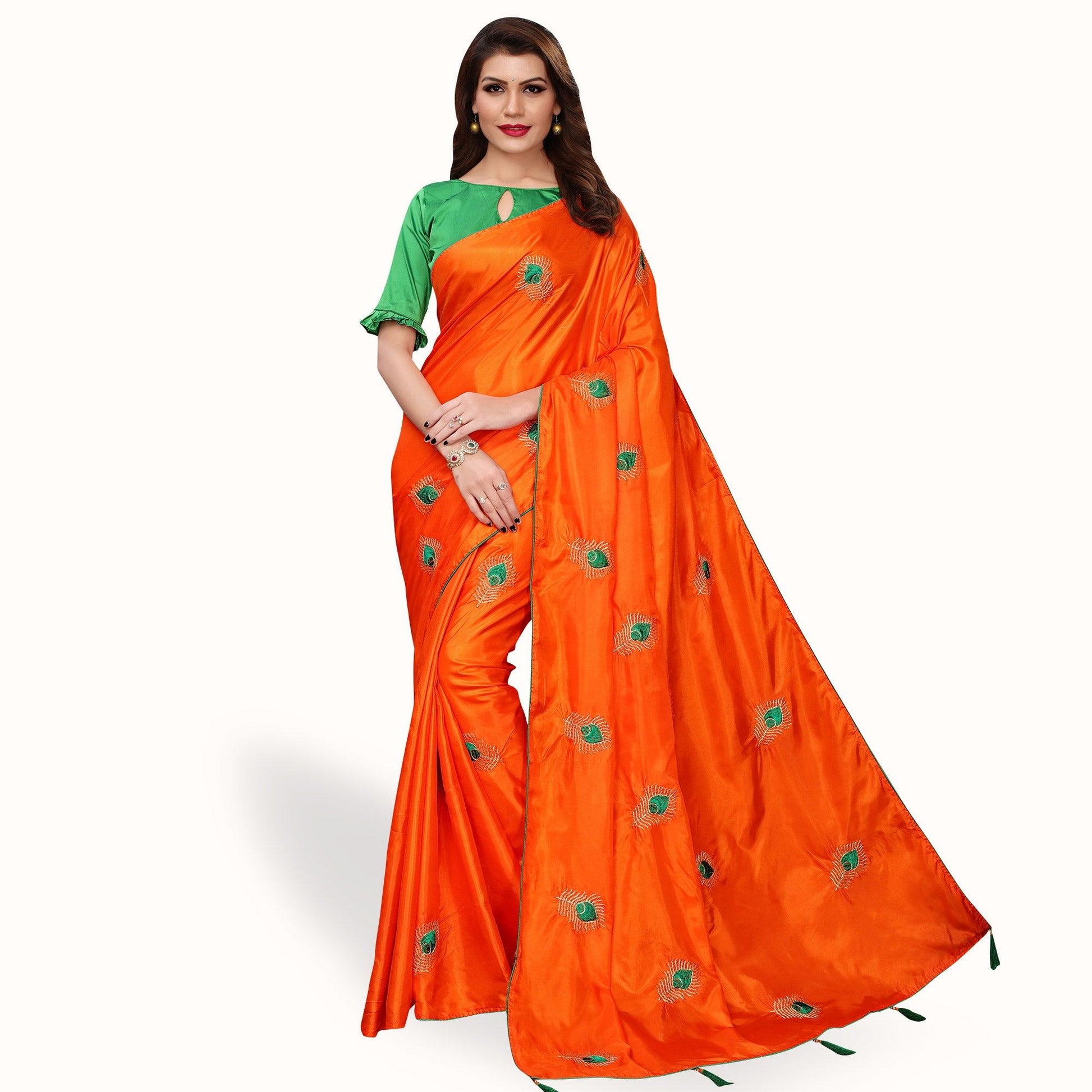 Delightful Orange Colored Party Wear Embroidered Silk Saree