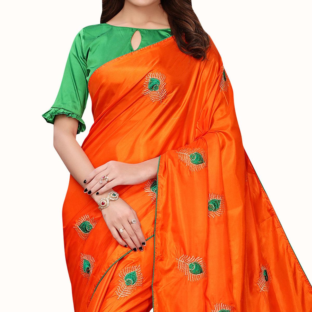 Delightful Orange Colored Party Wear Embroidered Silk Saree