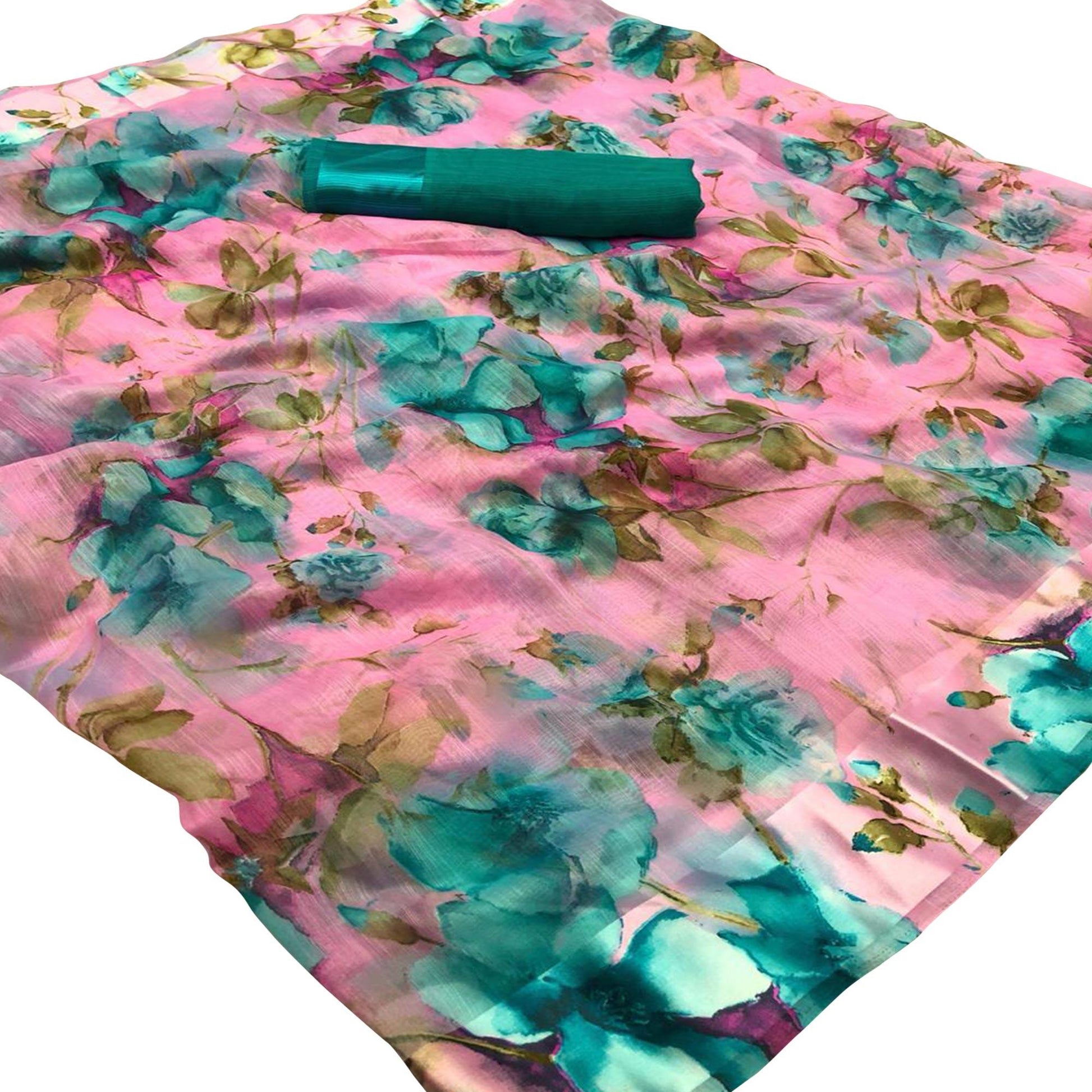 Delightful Pink Colored Casual Wear Floral Printed Linen Saree
