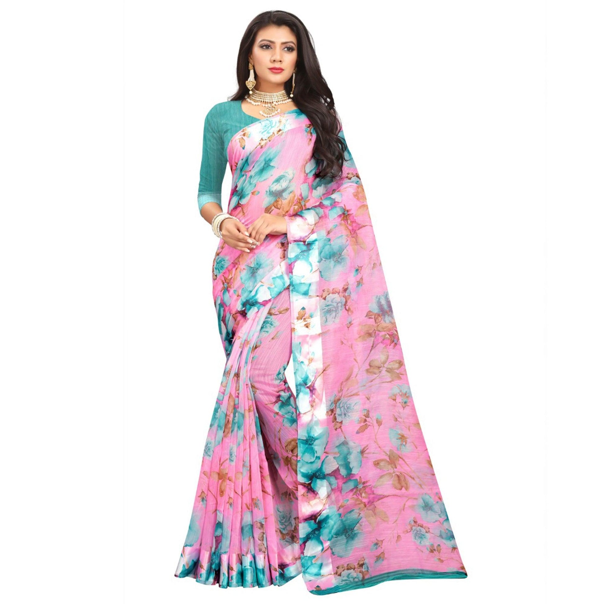 Delightful Pink Colored Casual Wear Floral Printed Linen Saree