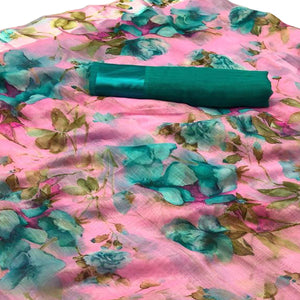 Delightful Pink Colored Casual Wear Floral Printed Linen Saree