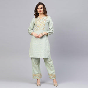 Delightful Pista Green Colored Party Wear Embroidered Cotton Kurti-Pant Set