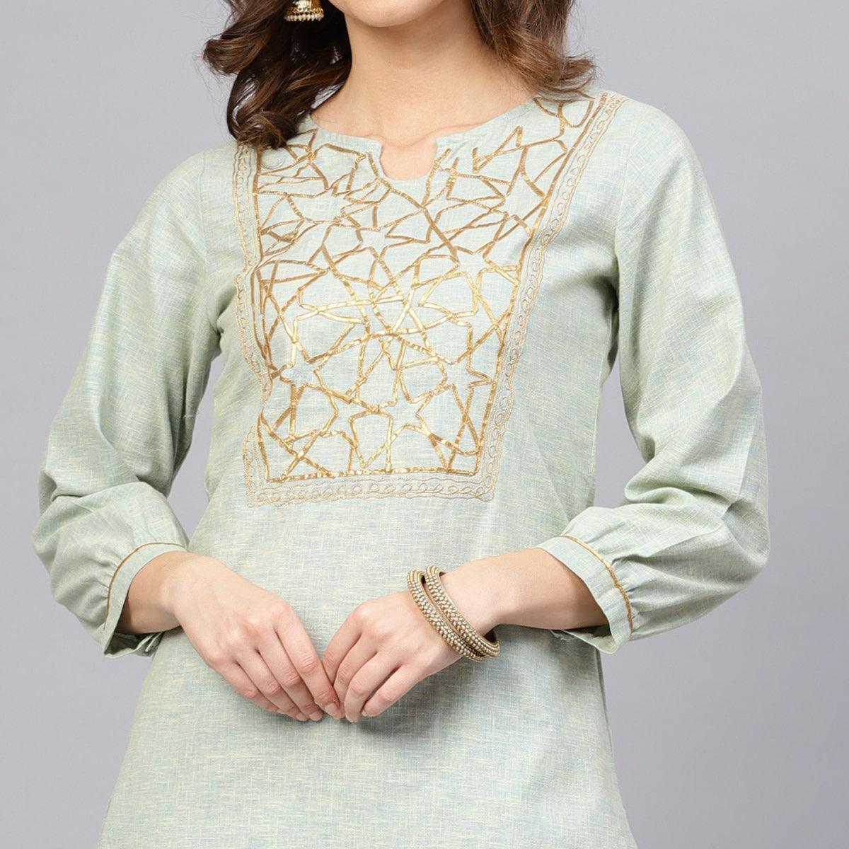 Delightful Pista Green Colored Party Wear Embroidered Cotton Kurti-Pant Set